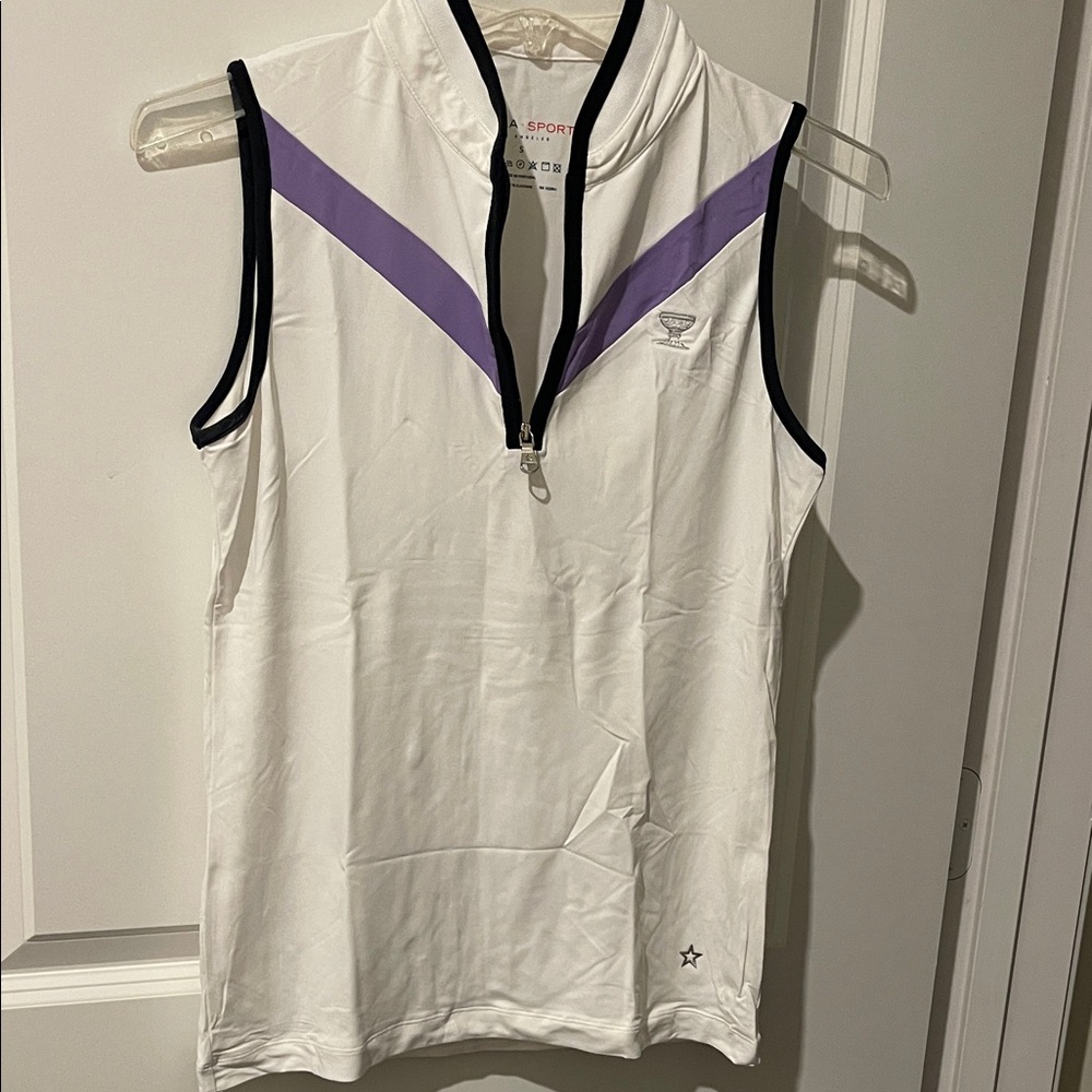 White and Purple Sleeveless Zip-Up Tank Top